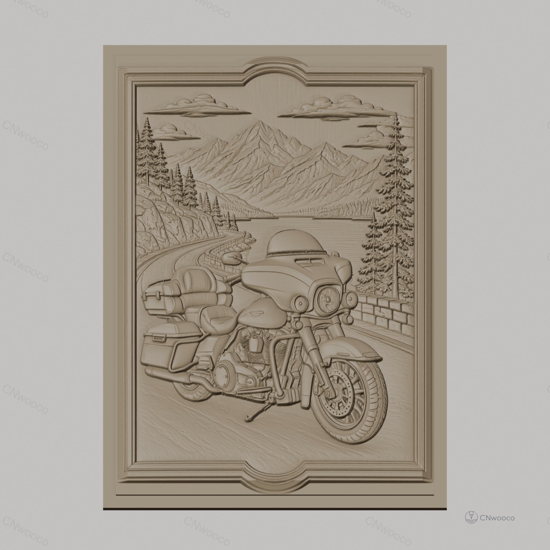 Fichier CNC & impression 3D moto routière, paysage montagne route lac cadre décoratif, haute qualité relief STL