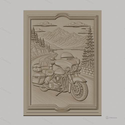 Fichier CNC & impression 3D moto routière, paysage montagne route lac cadre décoratif, haute qualité relief STL