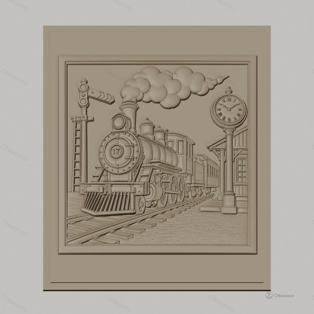 Fichier CNC & impression 3D train à vapeur vintage, gare avec horloge et signal, haute qualité relief STL