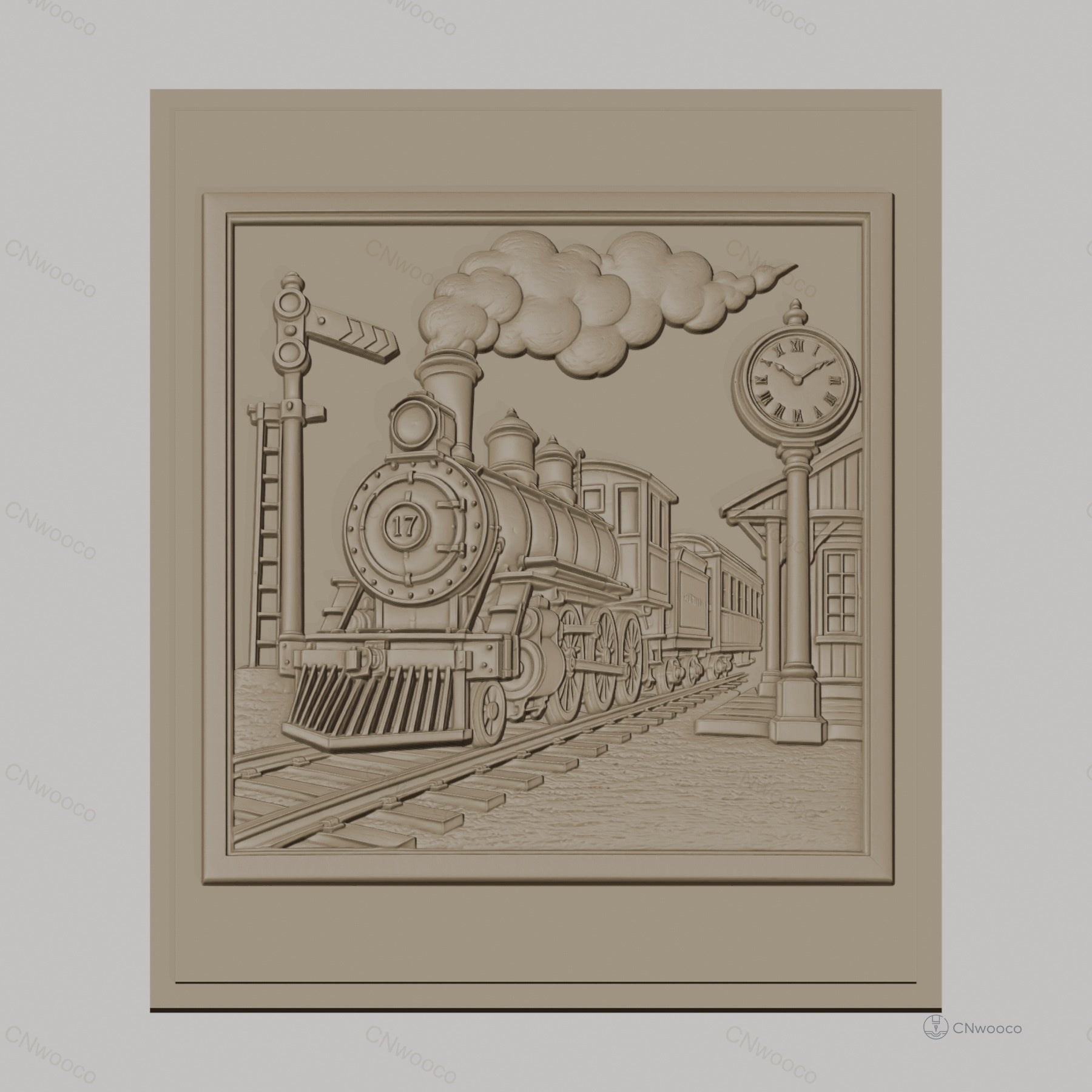 Fichier CNC & impression 3D train à vapeur vintage, gare avec horloge et signal, haute qualité relief STL