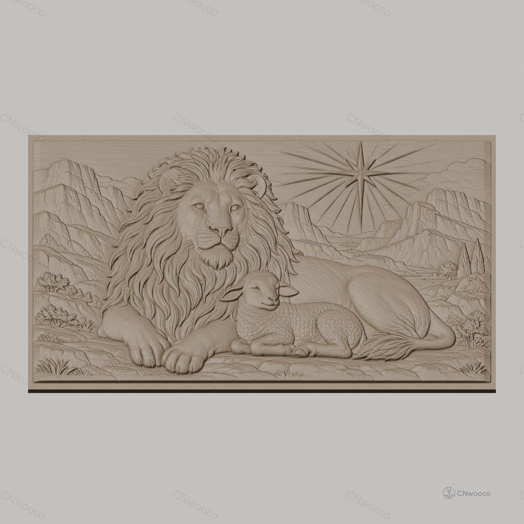 Fichier CNC & impression 3D Lion et agneau, paysage montagneux avec étoile, haute qualité relief STL