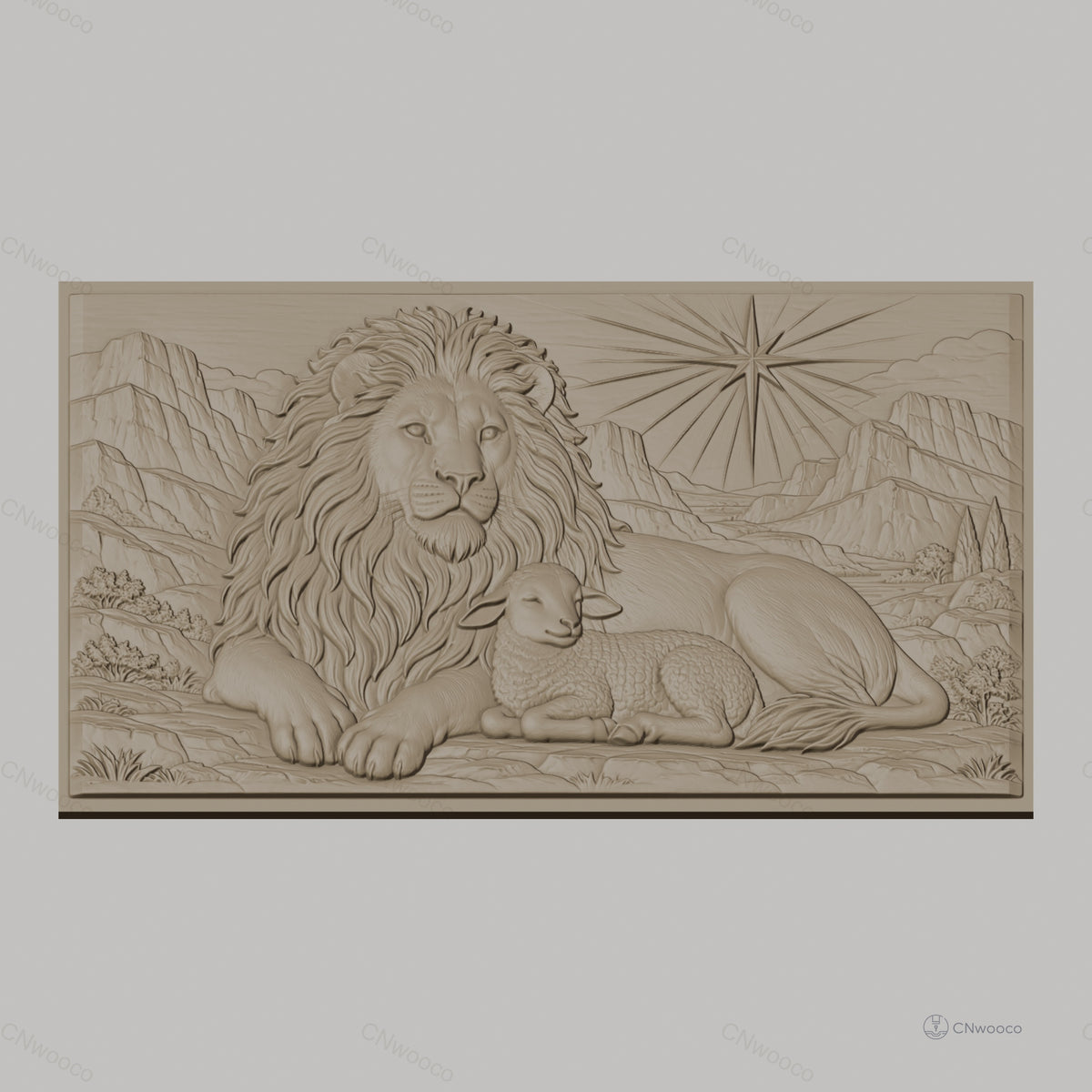 Fichier CNC & impression 3D Lion et agneau, paysage montagneux avec étoile, haute qualité relief STL
