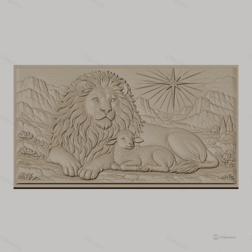 Fichier CNC & impression 3D Lion et agneau, paysage montagneux avec étoile, haute qualité relief STL