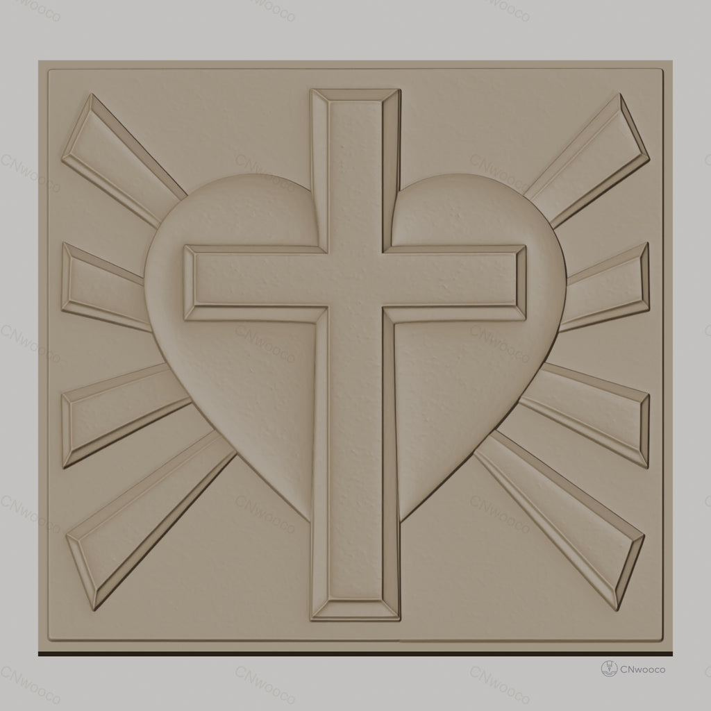 Fichier CNC & impression 3D coeur sacré avec croix et rayons, haute qualité relief STL