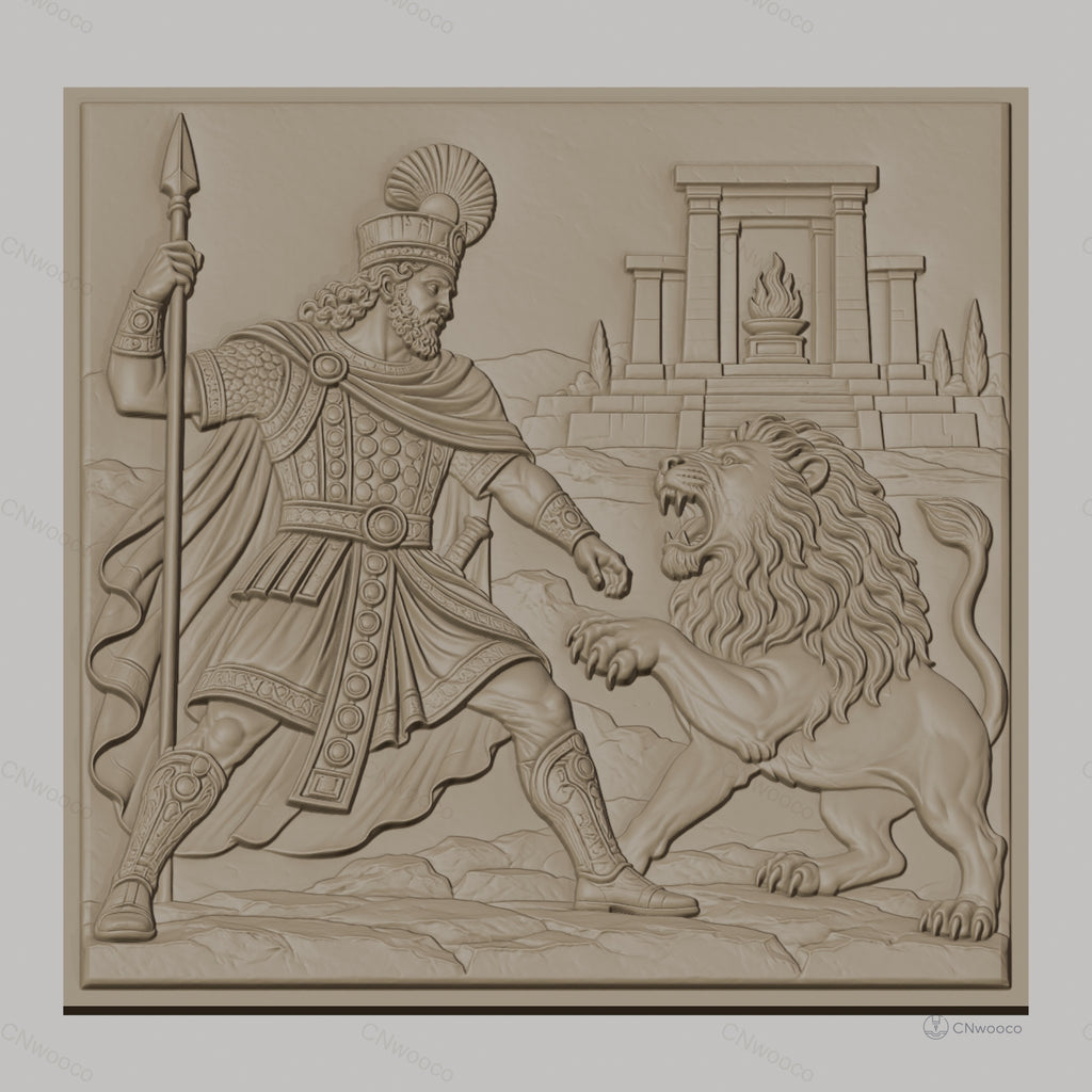 Fichier CNC & impression 3D héros antique combattant lion, temple ancien, haute qualité relief STL