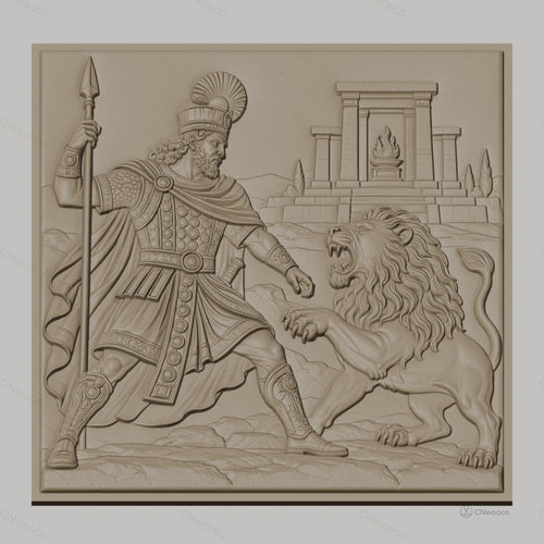 Fichier CNC & impression 3D héros antique combattant lion, temple ancien, haute qualité relief STL