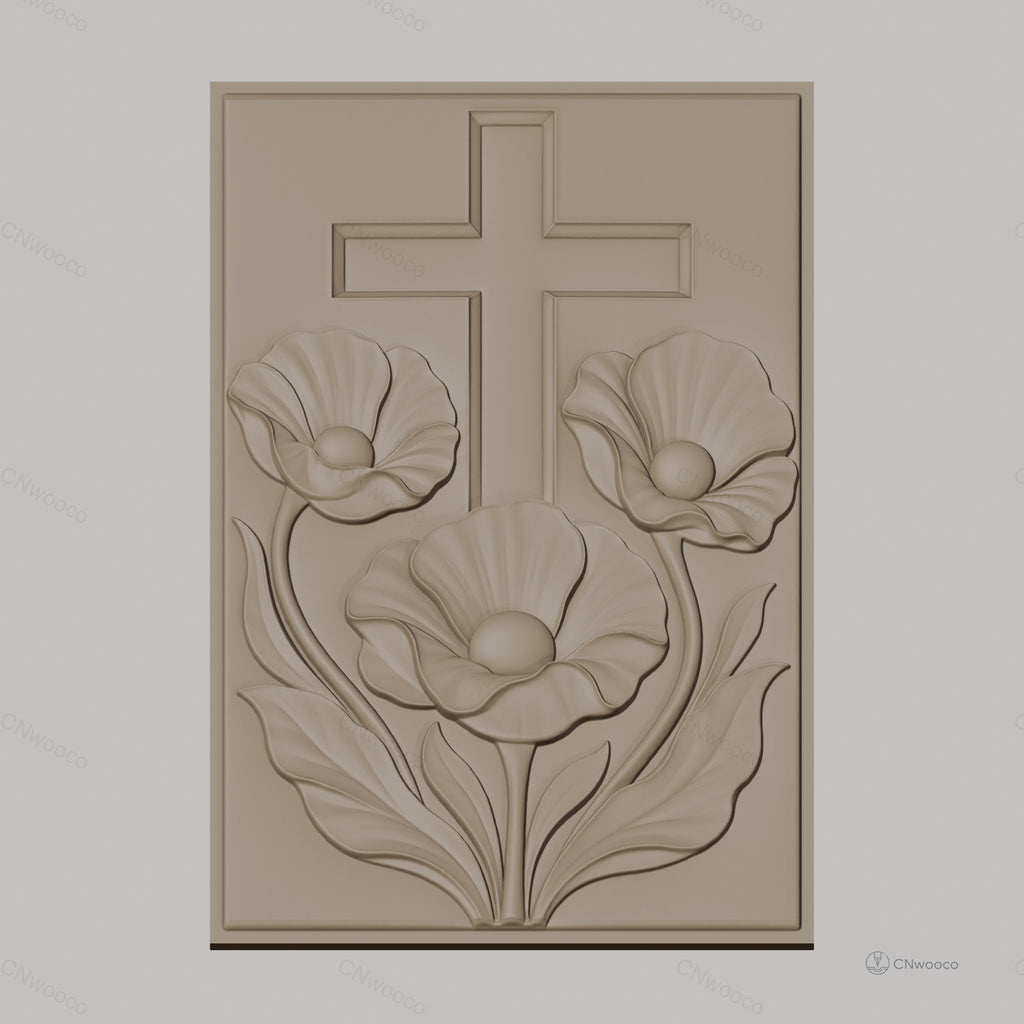 Fichier CNC & impression 3D croix chrétienne avec fleurs et feuilles, haute qualité relief STL