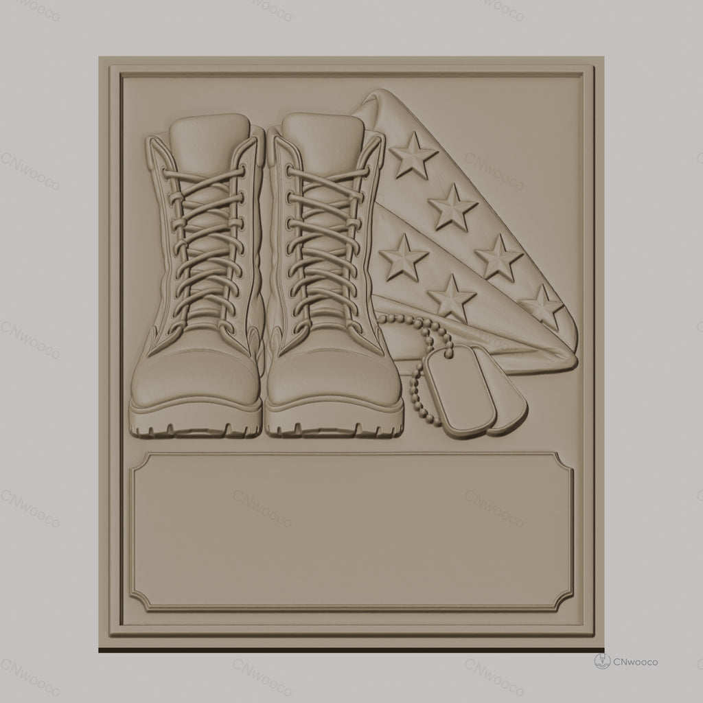 Fichier CNC & impression 3D hommage militaire, bottes, drapeau américain et plaques d'identification, haute qualité relief STL