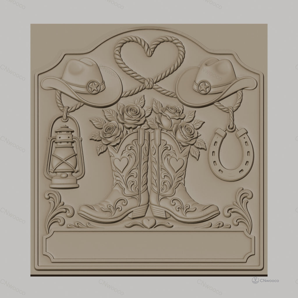 Fichier CNC & impression 3D thème western, bottes de cow-boy, chapeaux, lasso en forme de cœur, lanterne et fer à cheval, haute qualité relief STL