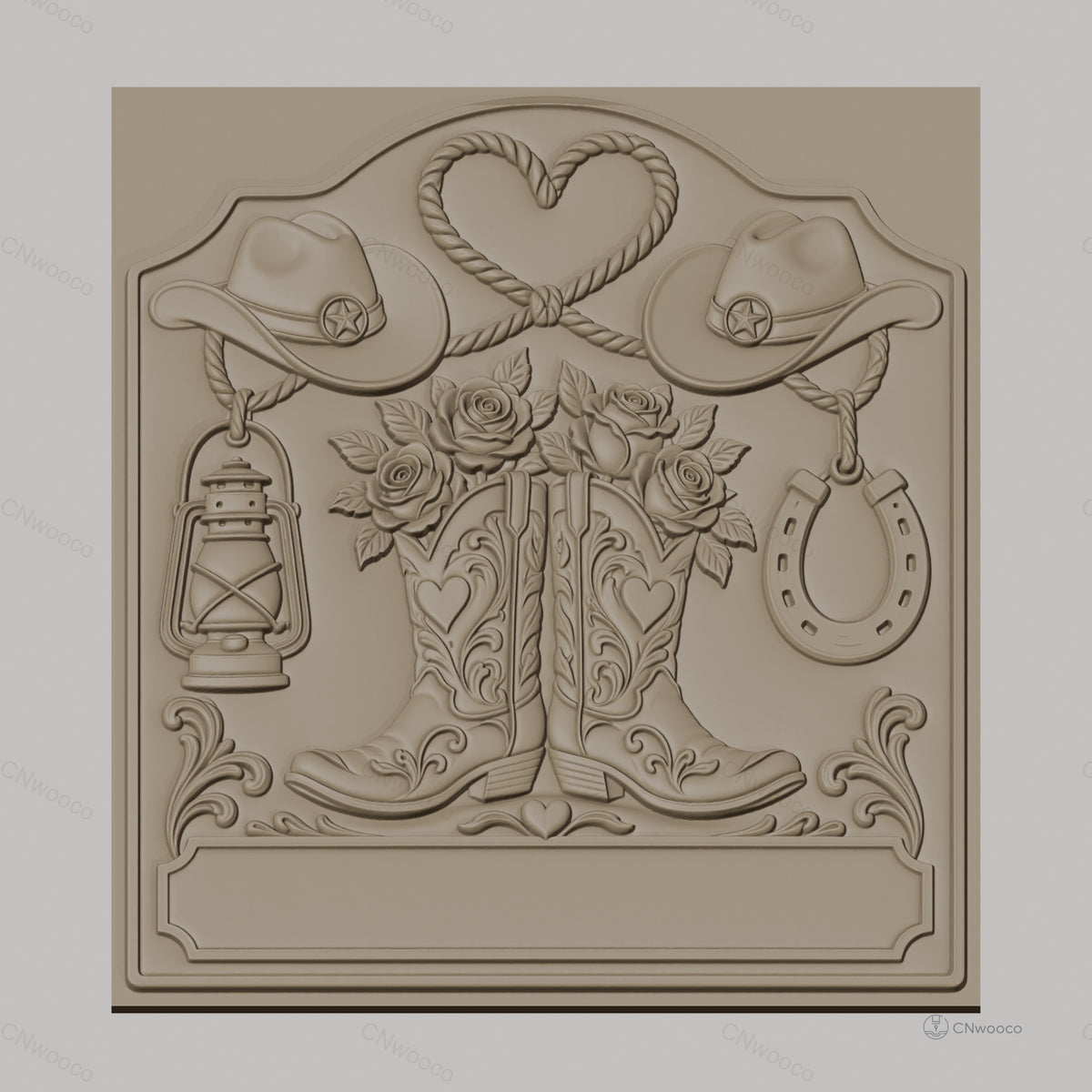 Fichier CNC & impression 3D thème western, bottes de cow-boy, chapeaux, lasso en forme de cœur, lanterne et fer à cheval, haute qualité relief STL