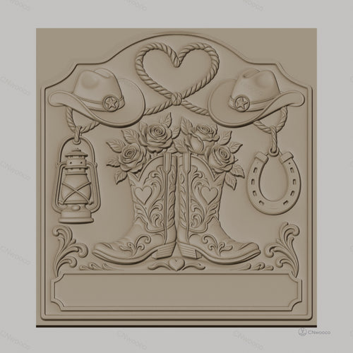 Fichier CNC & impression 3D thème western, bottes de cow-boy, chapeaux, lasso en forme de cœur, lanterne et fer à cheval, haute qualité relief STL