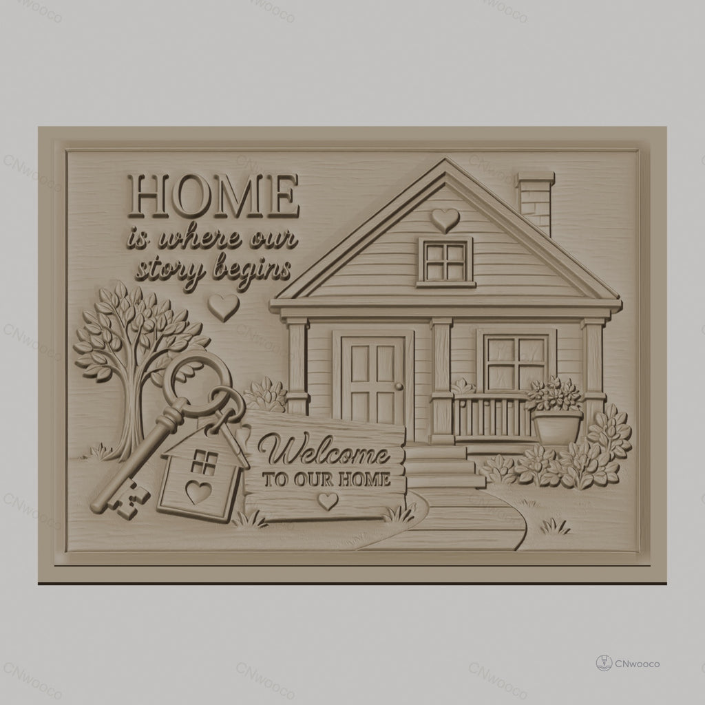 Fichier CNC & impression 3D maison, maison avec clé, arbre, panneau Welcome, haute qualité relief STL