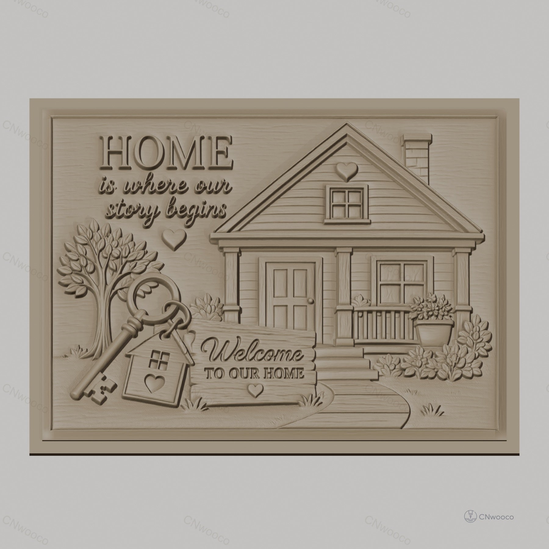 Fichier CNC & impression 3D maison, maison avec clé, arbre, panneau Welcome, haute qualité relief STL