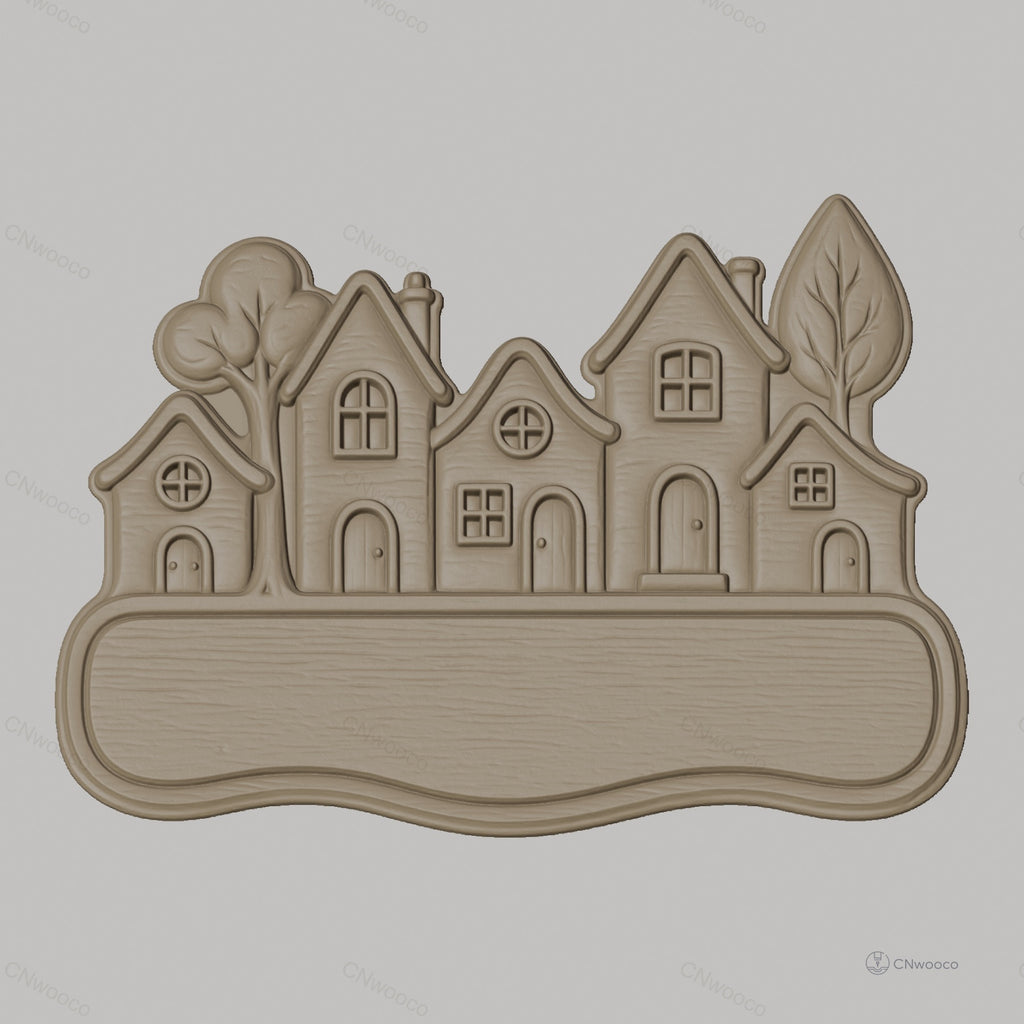 Fichier CNC & impression 3D plaque décorative village avec maisons et arbres, STL très haute qualité