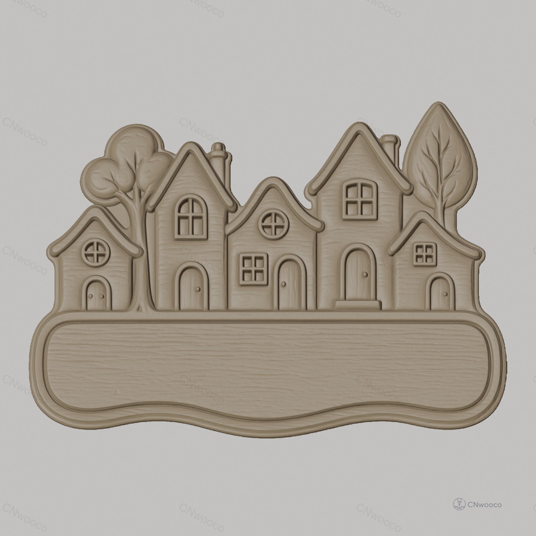 Fichier CNC & impression 3D plaque décorative village avec maisons et arbres, STL très haute qualité