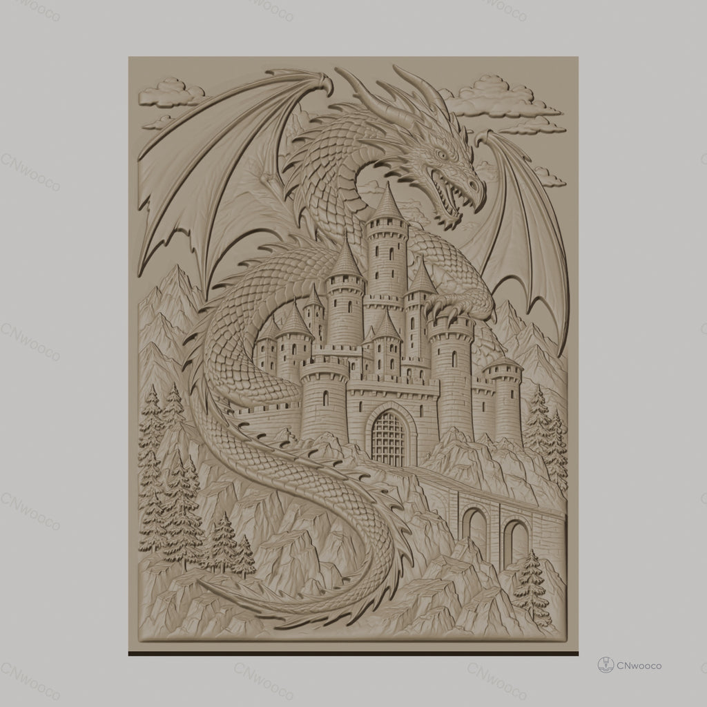 Fichier CNC & impression 3D dragon mythique, château médiéval et montagnes, haute qualité relief STL