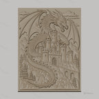 Fichier CNC & impression 3D dragon mythique, château médiéval et montagnes, haute qualité relief STL