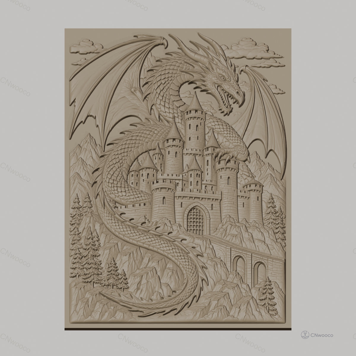Fichier CNC & impression 3D dragon mythique, château médiéval et montagnes, haute qualité relief STL
