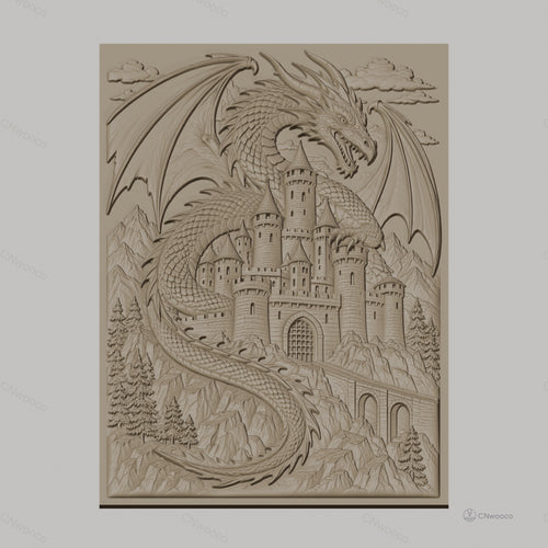 Fichier CNC & impression 3D dragon mythique, château médiéval et montagnes, haute qualité relief STL