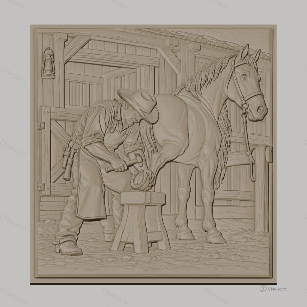 Fichier CNC & impression 3D maréchal-ferrant et cheval, travail du fer à cheval, haute qualité relief STL