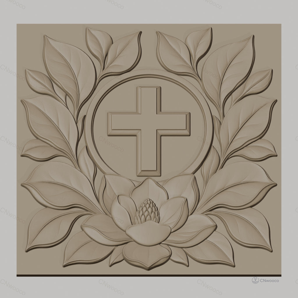Fichier CNC & impression 3D Croix chrétienne, fleur de lotus et feuilles, haute qualité relief STL