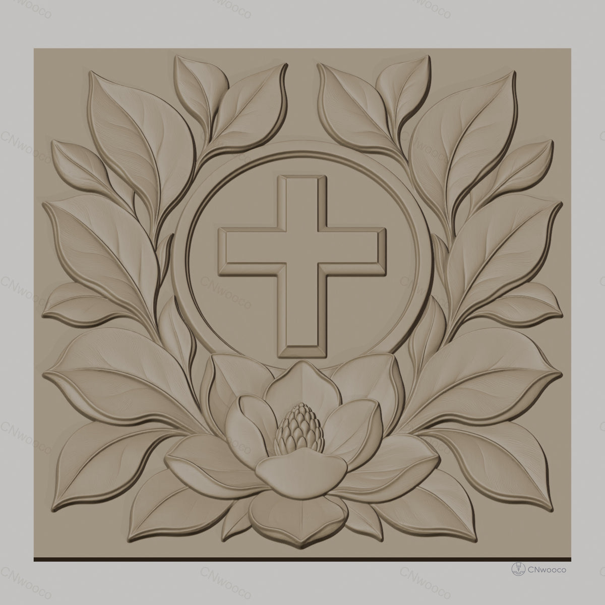 Fichier CNC & impression 3D Croix chrétienne, fleur de lotus et feuilles, haute qualité relief STL