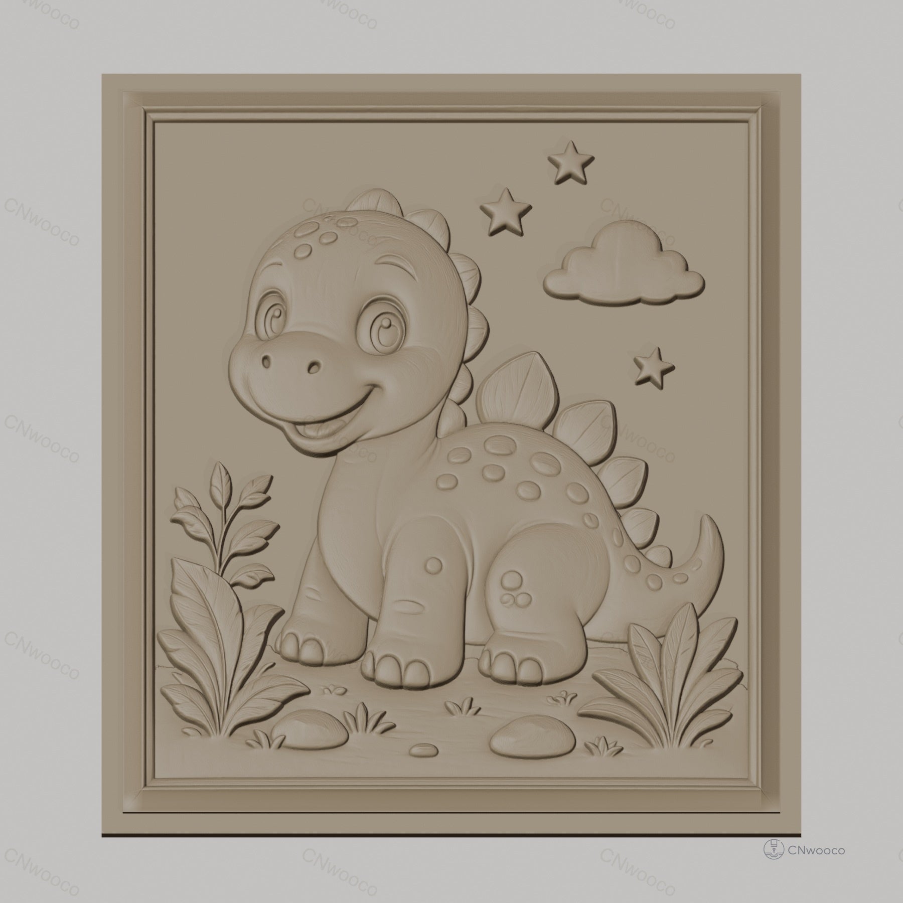 Fichier CNC & impression 3D dinosaure mignon, étoiles, nuage et plantes, haute qualité relief STL