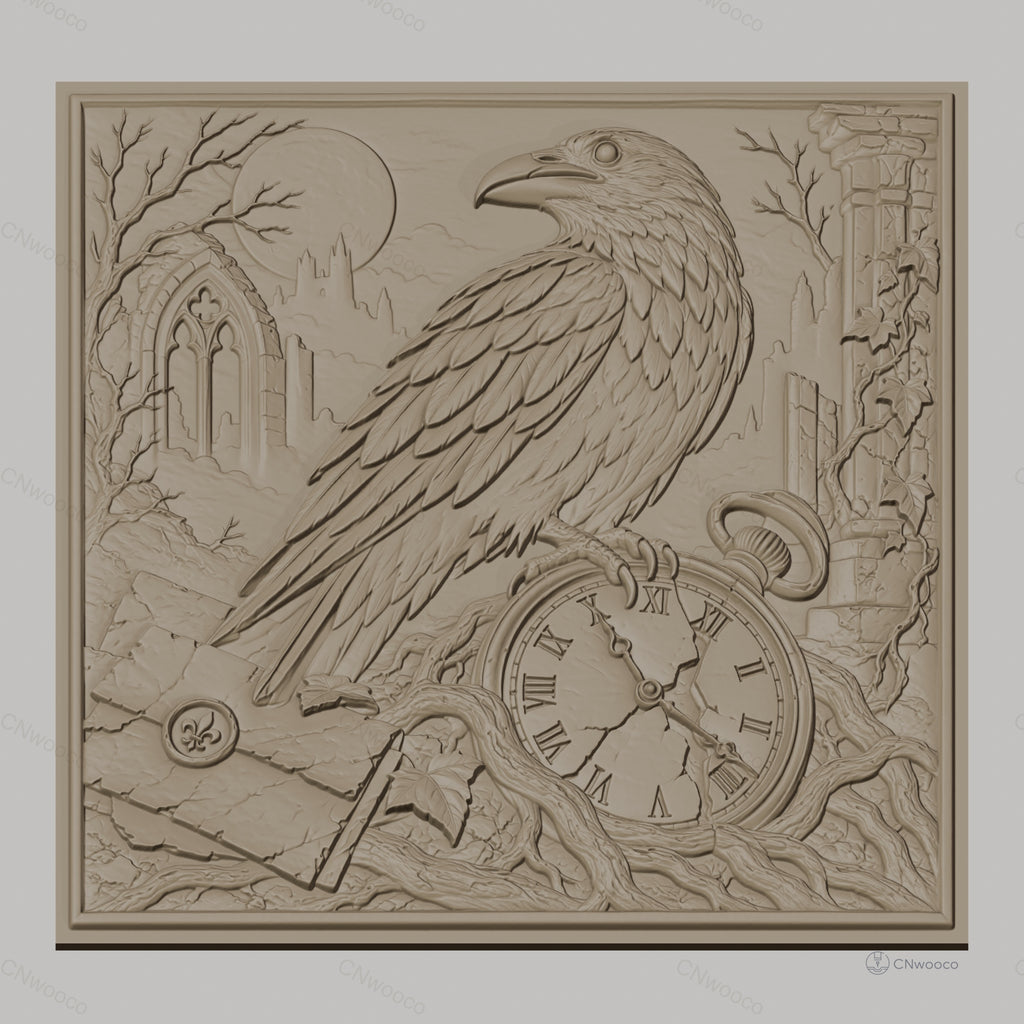Fichier CNC & impression 3D corbeau, montre cassée, ruines gothiques, haute qualité relief STL