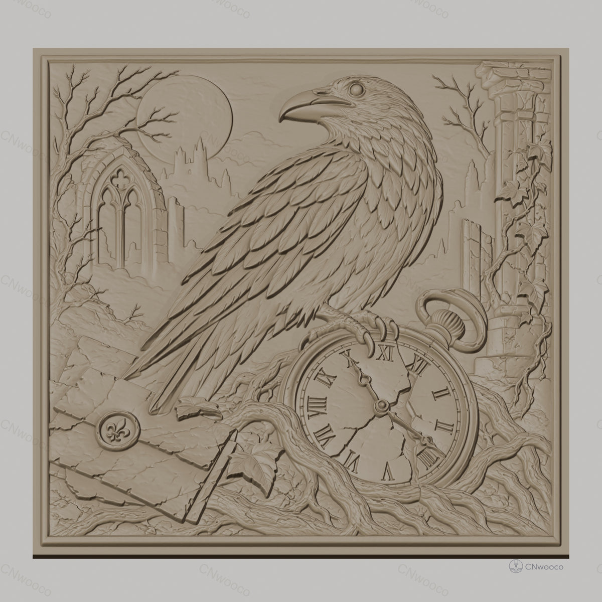 Fichier CNC & impression 3D corbeau, montre cassée, ruines gothiques, haute qualité relief STL