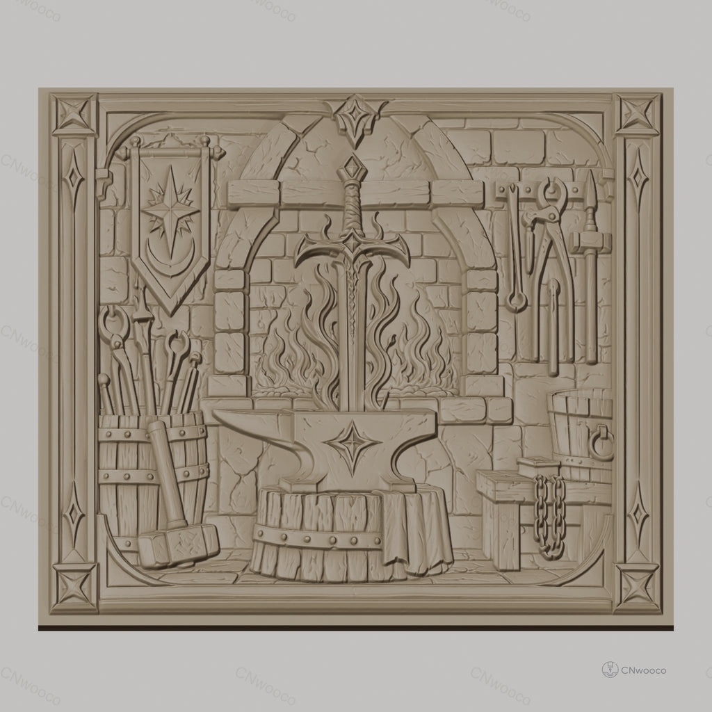 Fichier CNC & impression 3D atelier de forgeron, épée, enclume, feu et outils, haute qualité relief STL