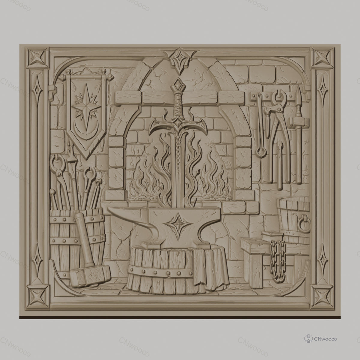 Fichier CNC & impression 3D atelier de forgeron, épée, enclume, feu et outils, haute qualité relief STL