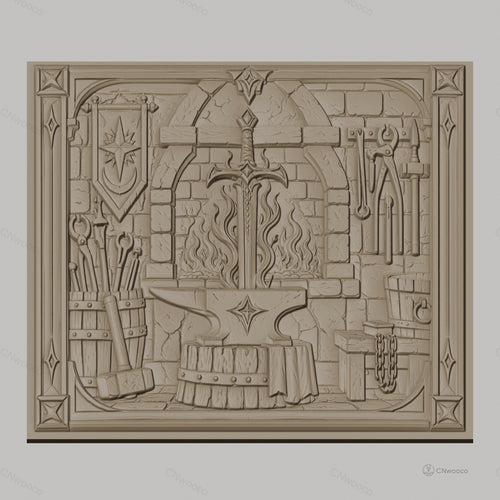 Fichier CNC & impression 3D atelier de forgeron, épée, enclume, feu et outils, haute qualité relief STL