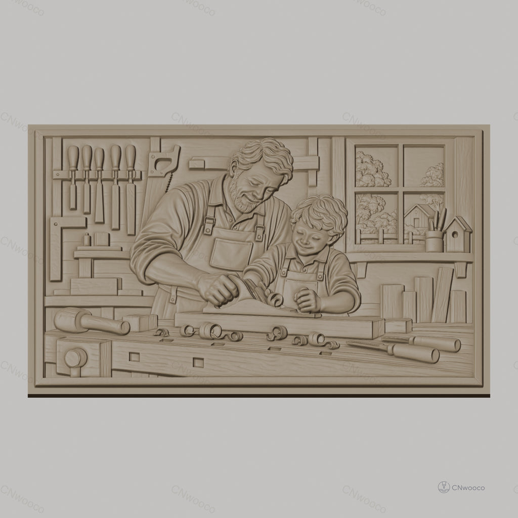 Fichier CNC & impression 3D scène de menuiserie père et fils, atelier avec outils, haute qualité relief STL