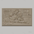 Fichier CNC & impression 3D scène de menuiserie père et fils, atelier avec outils, haute qualité relief STL