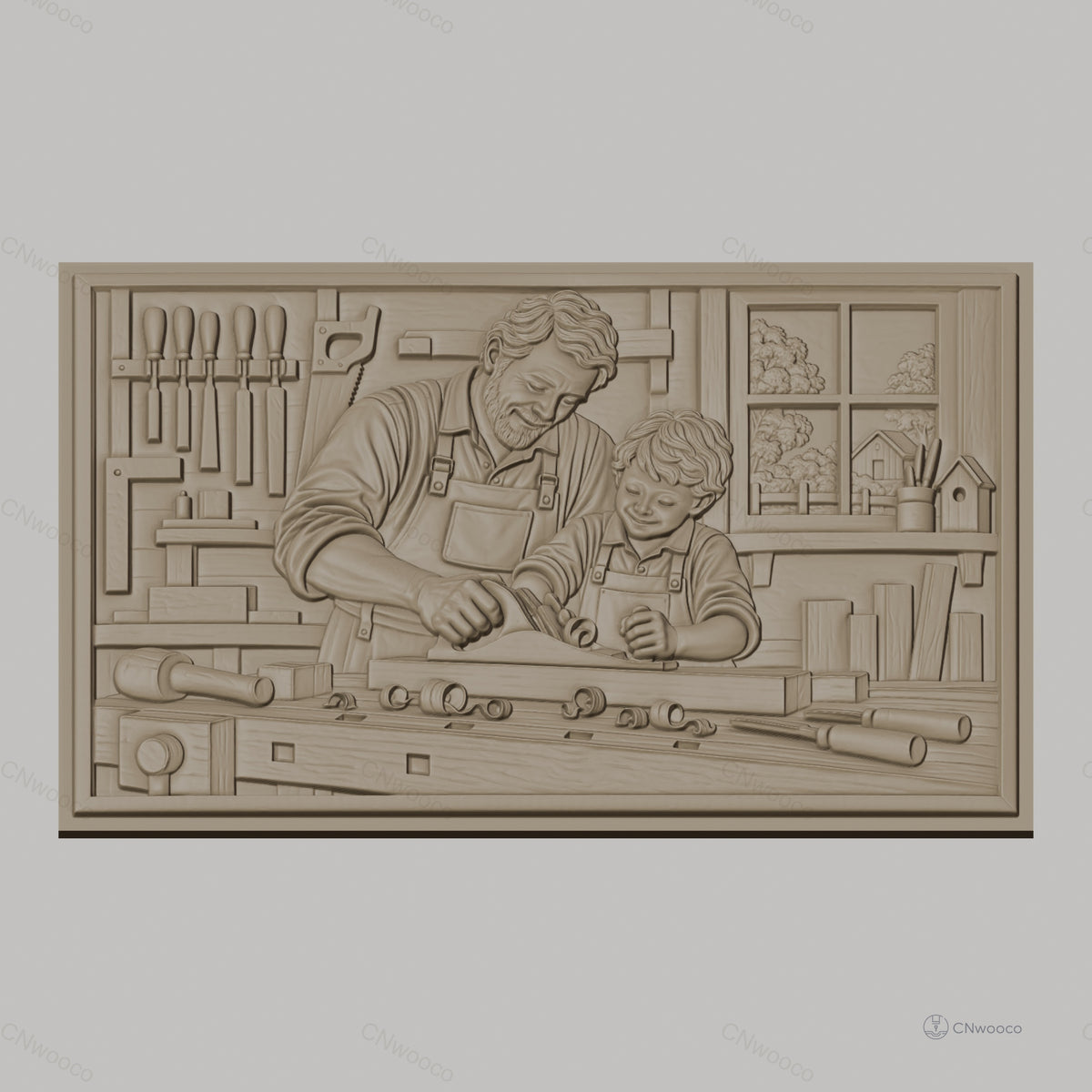 Fichier CNC & impression 3D scène de menuiserie père et fils, atelier avec outils, haute qualité relief STL