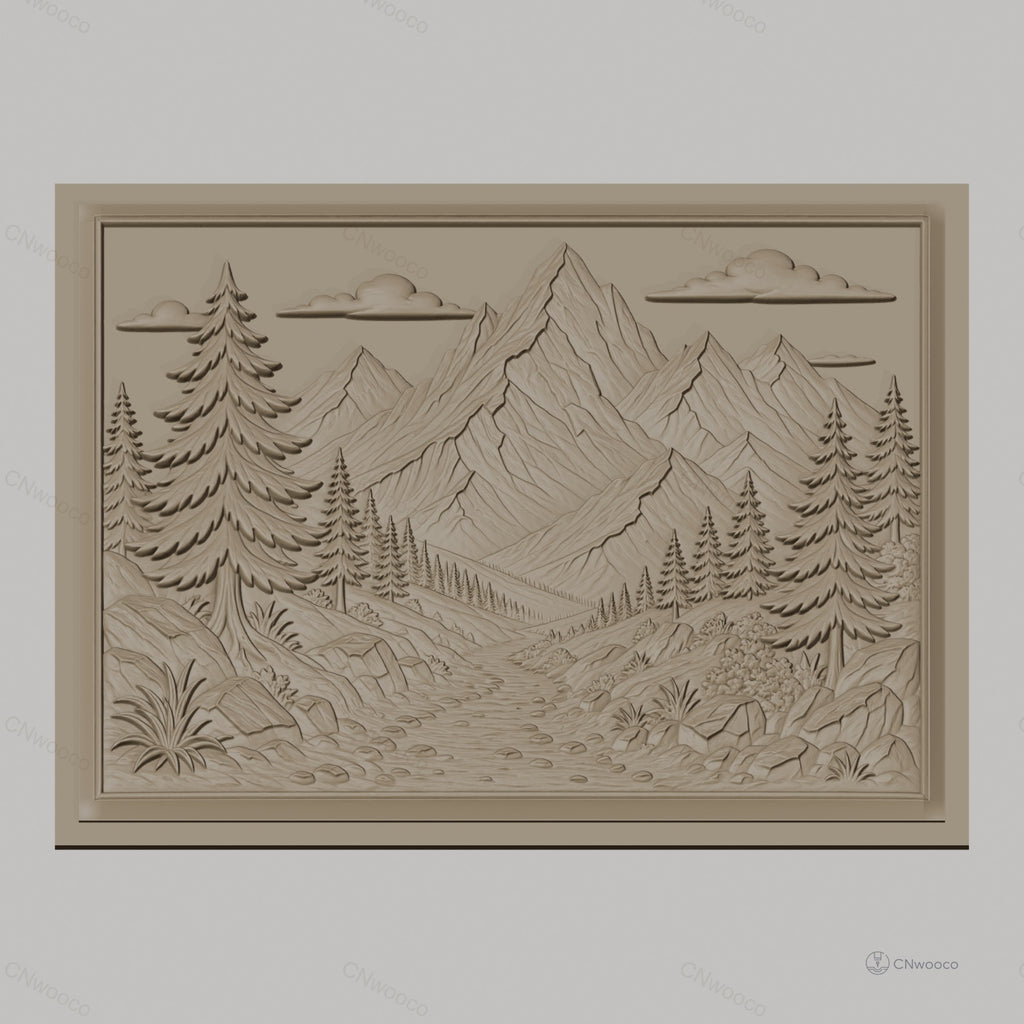 Fichier CNC & impression 3D paysage montagneux, sapins, ruisseau et rochers, haute qualité relief STL