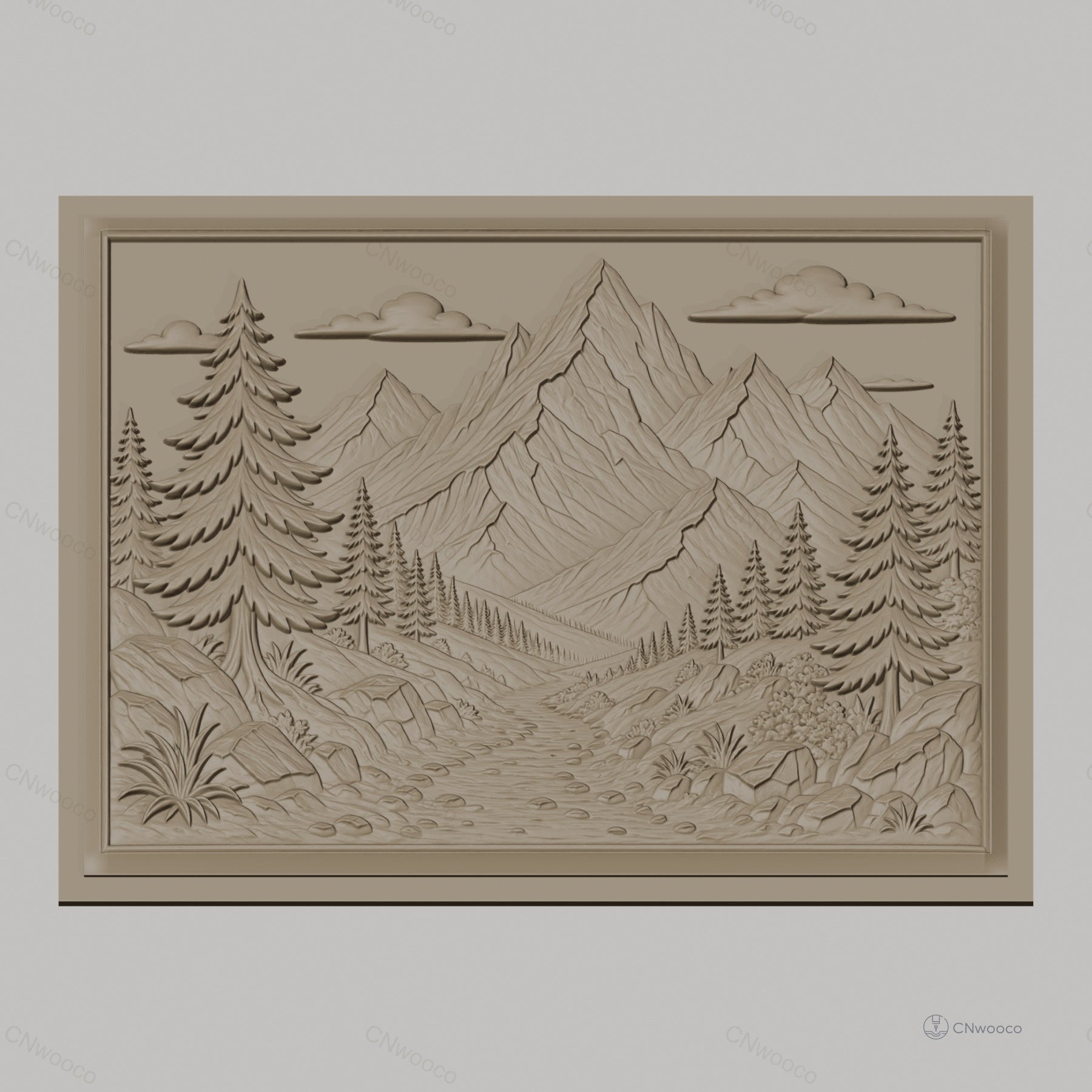 Fichier CNC & impression 3D paysage montagneux, sapins, ruisseau et rochers, haute qualité relief STL