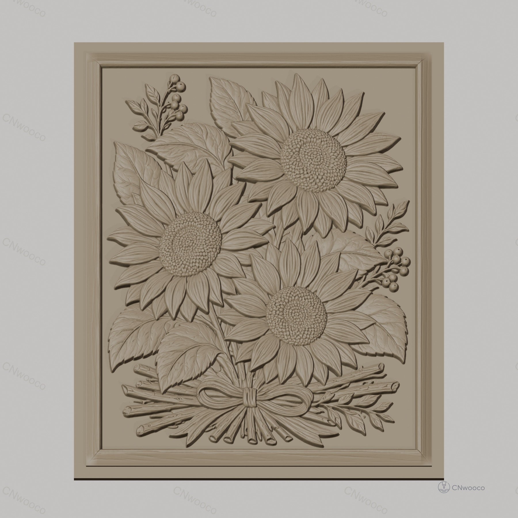 Fichier CNC & impression 3D bouquet de tournesols, feuilles et nœud de bois, haute qualité relief STL