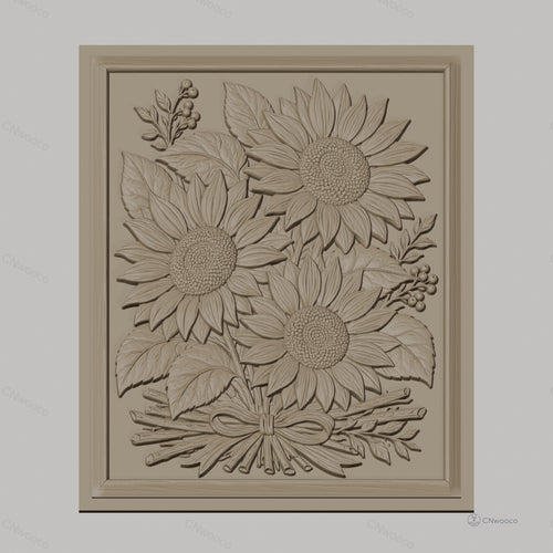 Fichier CNC & impression 3D bouquet de tournesols, feuilles et nœud de bois, haute qualité relief STL