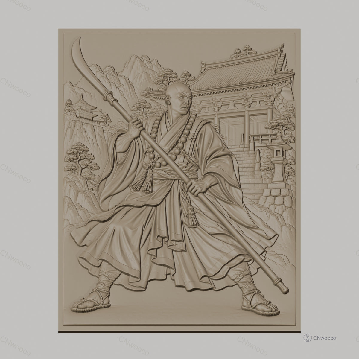 Fichier CNC & impression 3D moine guerrier chinois, bâton, temple, montagne, haute qualité relief STL