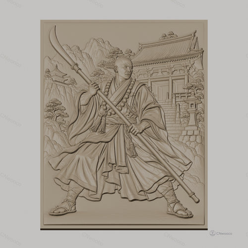 Fichier CNC & impression 3D moine guerrier chinois, bâton, temple, montagne, haute qualité relief STL