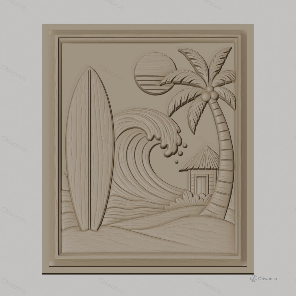 Fichier CNC & impression 3D thème plage, surf, palmier, vague et cabane, haute qualité relief STL