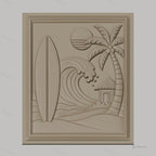 Fichier CNC & impression 3D thème plage, surf, palmier, vague et cabane, haute qualité relief STL