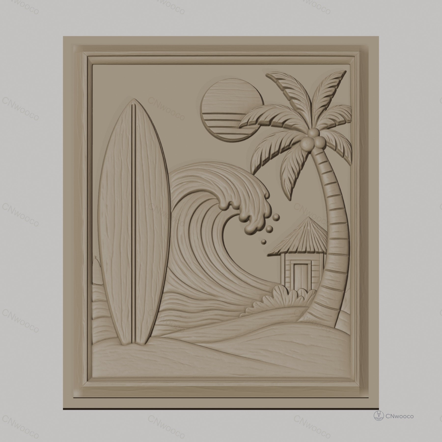 Fichier CNC & impression 3D thème plage, surf, palmier, vague et cabane, haute qualité relief STL