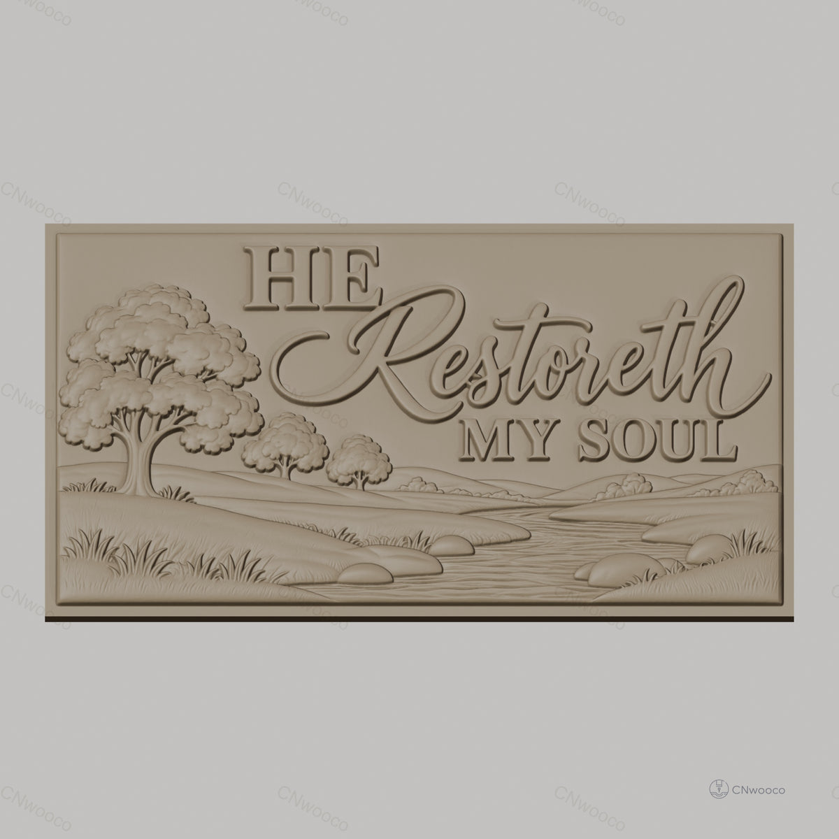 Fichier CNC & impression 3D paysage nature avec rivière et arbres, texte 'He Restoreth My Soul', haute qualité relief STL