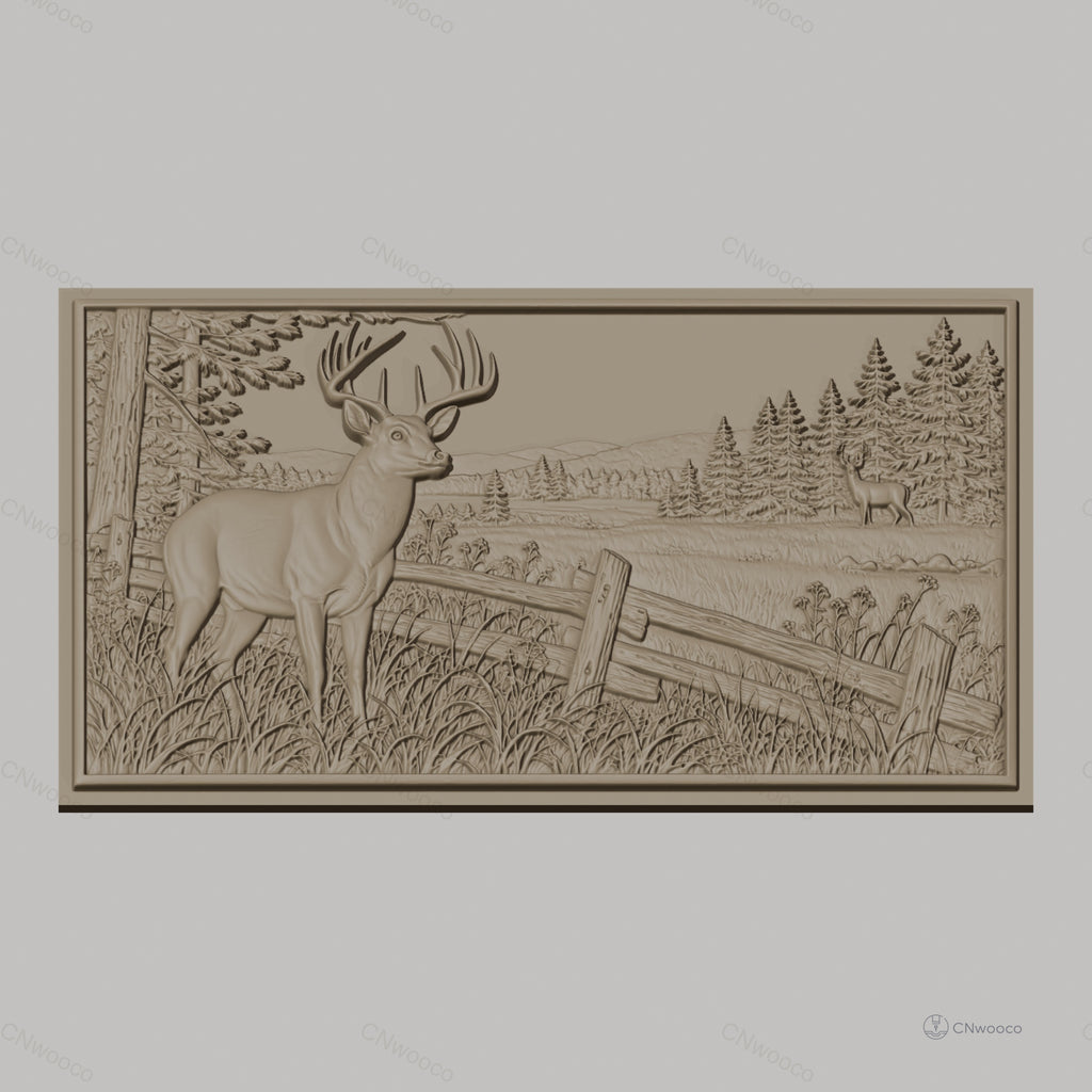 Fichier CNC & impression 3D cerf et paysage forestier, clôture en bois, haute qualité relief STL