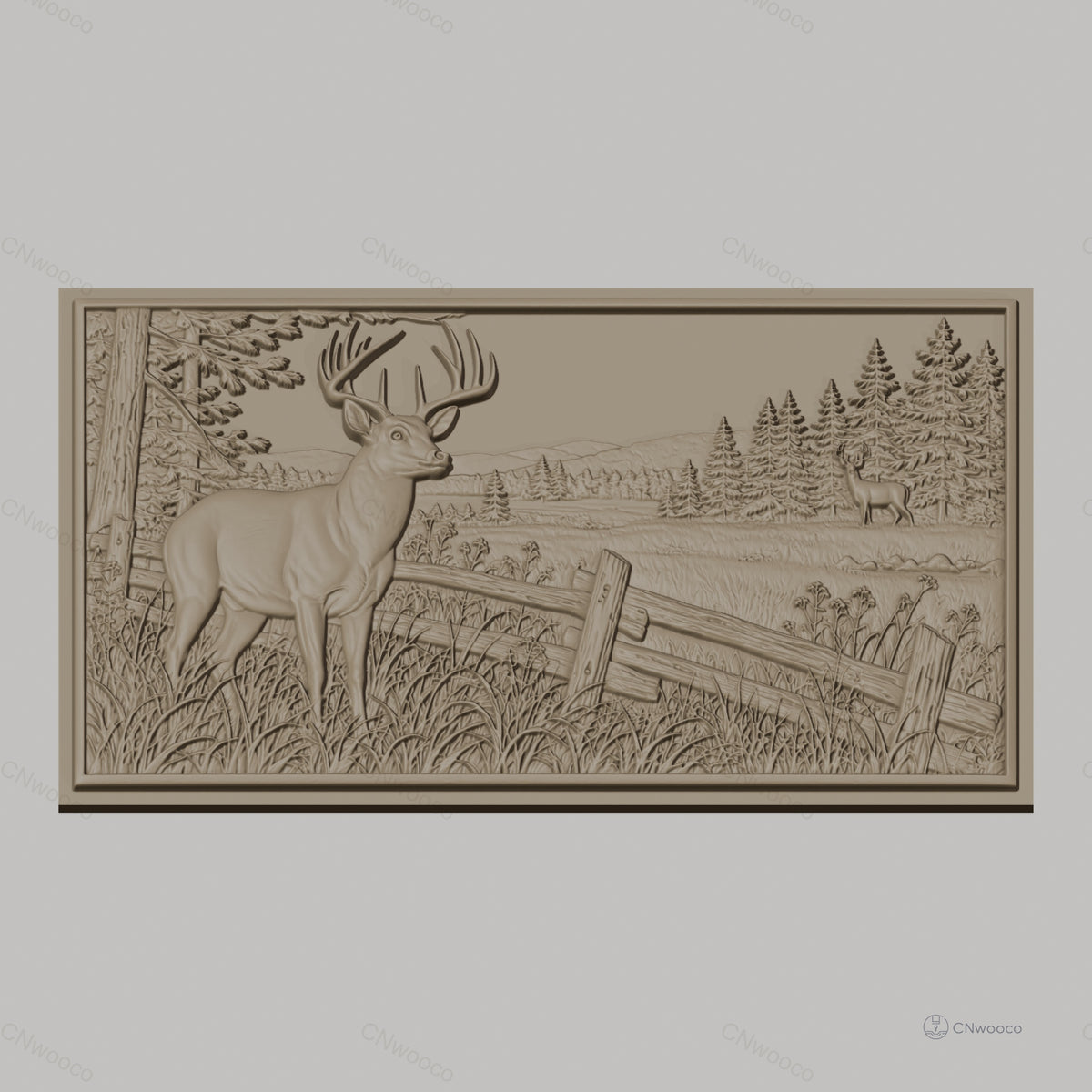 Fichier CNC & impression 3D cerf et paysage forestier, clôture en bois, haute qualité relief STL
