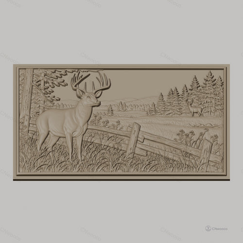 Fichier CNC & impression 3D cerf et paysage forestier, clôture en bois, haute qualité relief STL