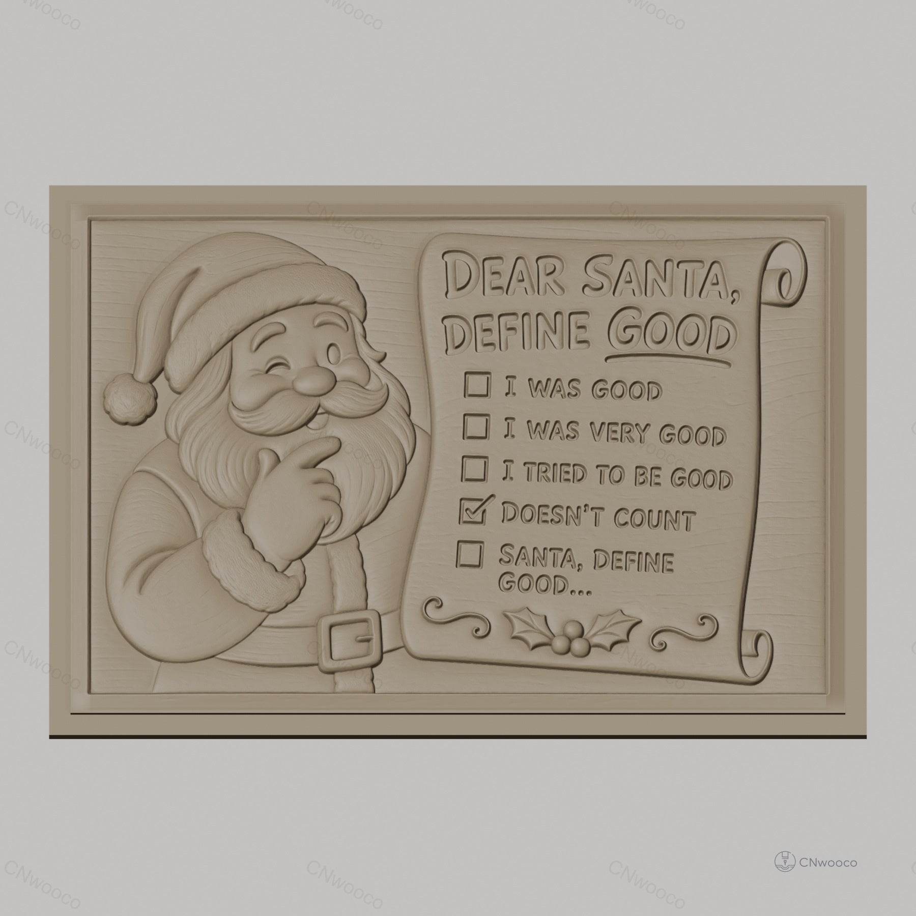 Fichier CNC & impression 3D Père Noël pensif, liste drôle Noël, haute qualité relief STL