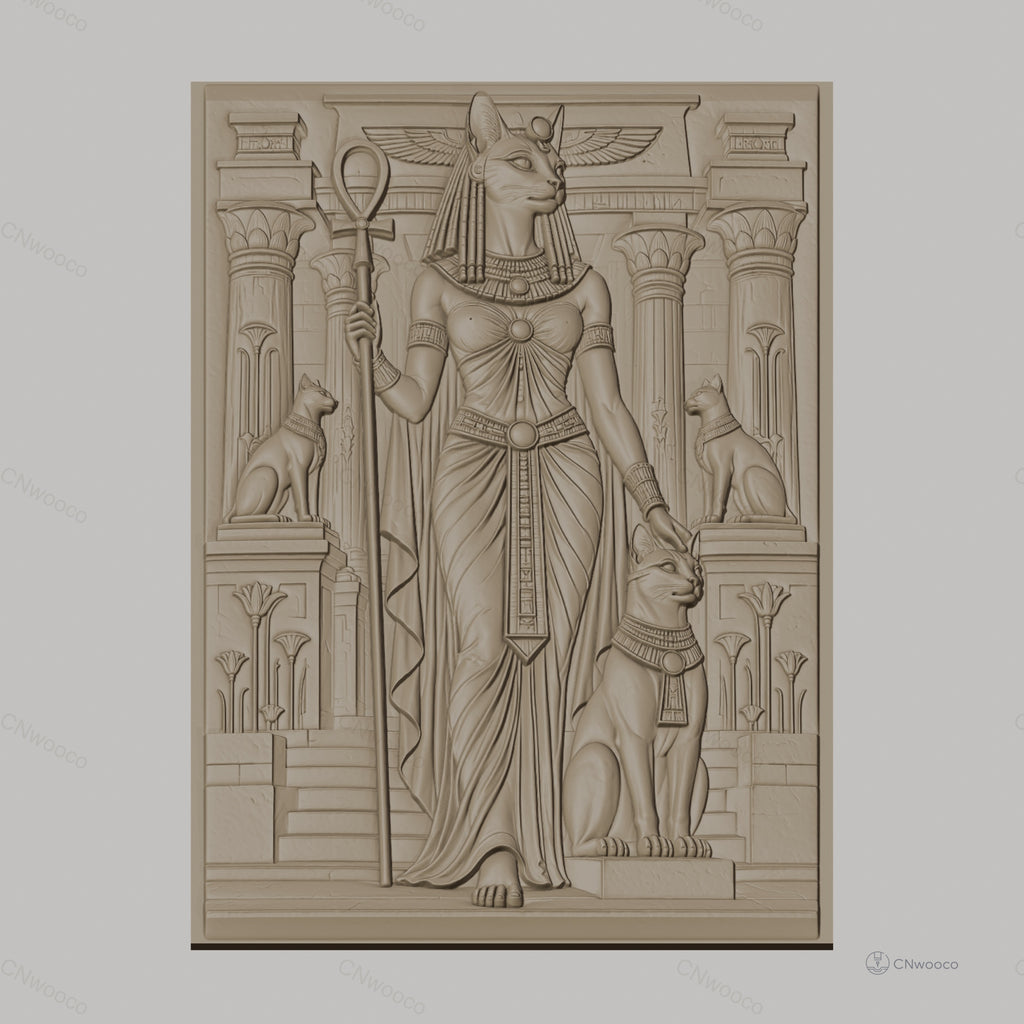 Fichier CNC & impression 3D déesse égyptienne Bastet, chats, colonnes et sphinx, haute qualité relief STL